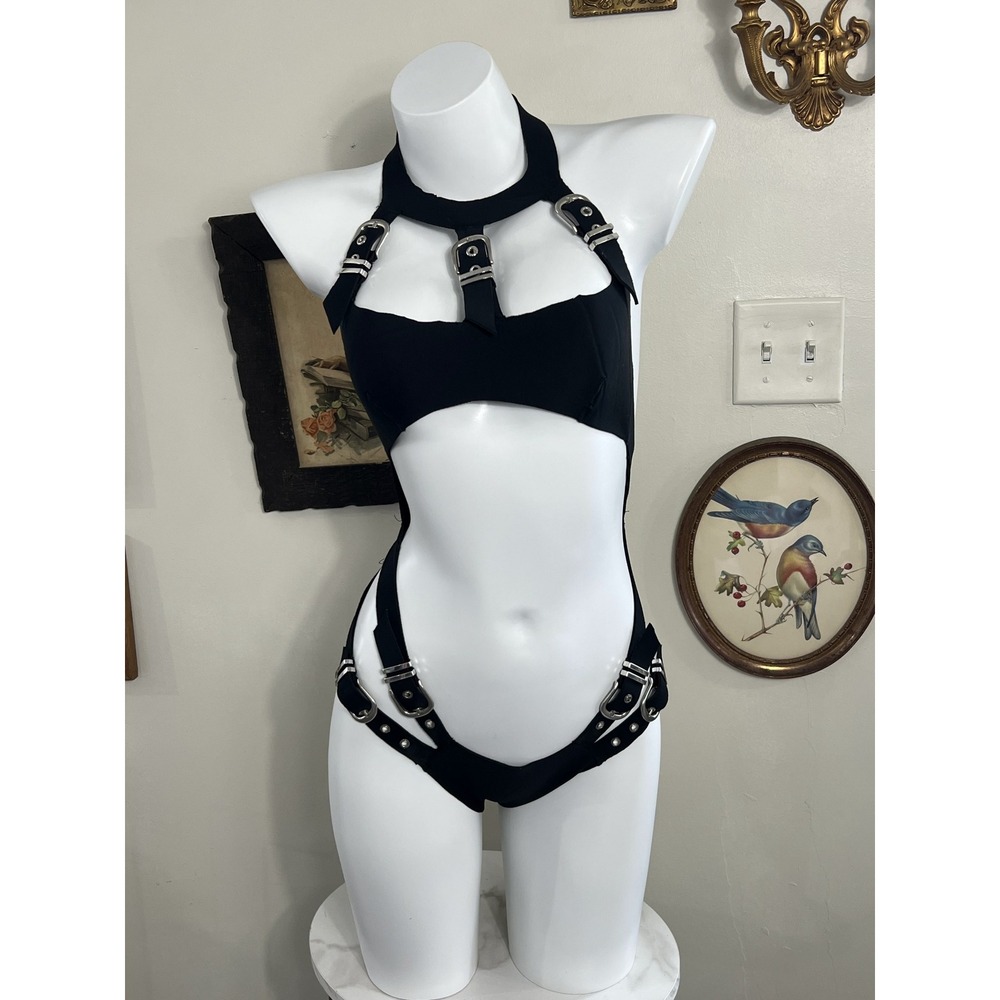 Club Exx Buckle Me Up Black Harness Halter Bodysuit Size S